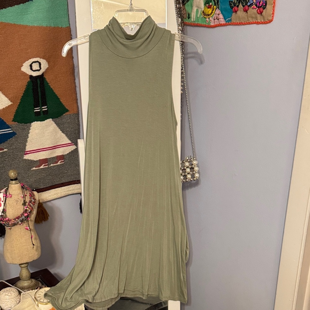 Sleeveless Olive Green Turtleneck Dress with pockets